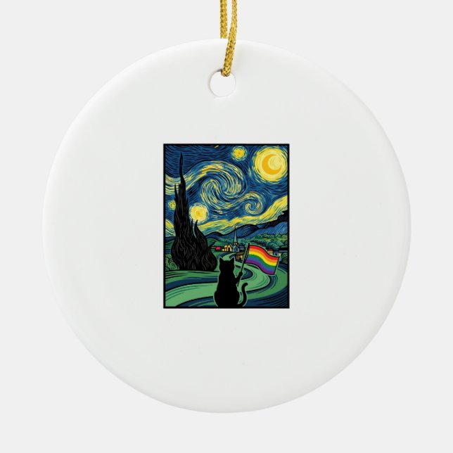 Rainbow Cat Night Landscape Vector Shirt Design_1 Ceramic Ornament (Front)