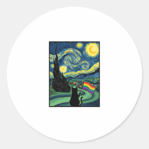 Rainbow Cat Night Landscape Vector Shirt Design_1 Classic Round Sticker