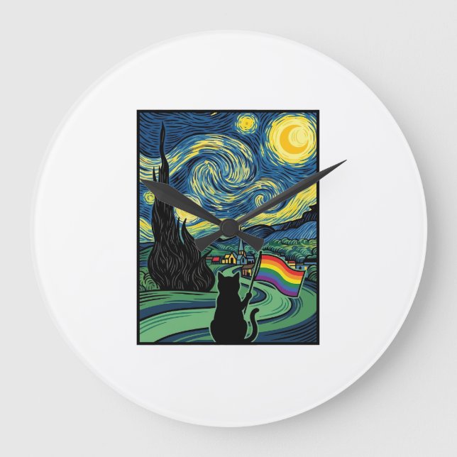 Rainbow Cat Night Landscape Vector Shirt Design_1 Large Clock (Front)