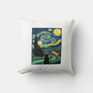 Rainbow Cat Night Landscape Vector Shirt Design_1 Throw Pillow