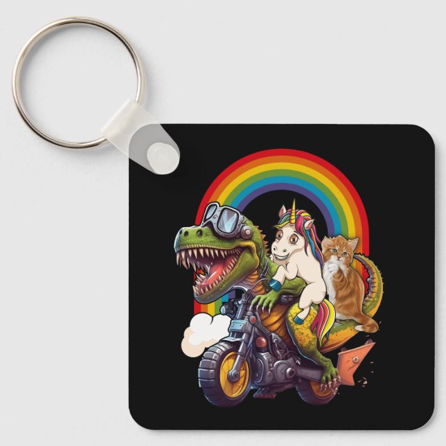 Rainbow Cat Unicorn Dinosaur T Rex Kitten Lover Sp Keychain (Front)