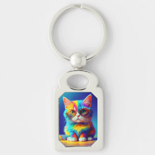 Rainbow Cat with Glasses Keychain