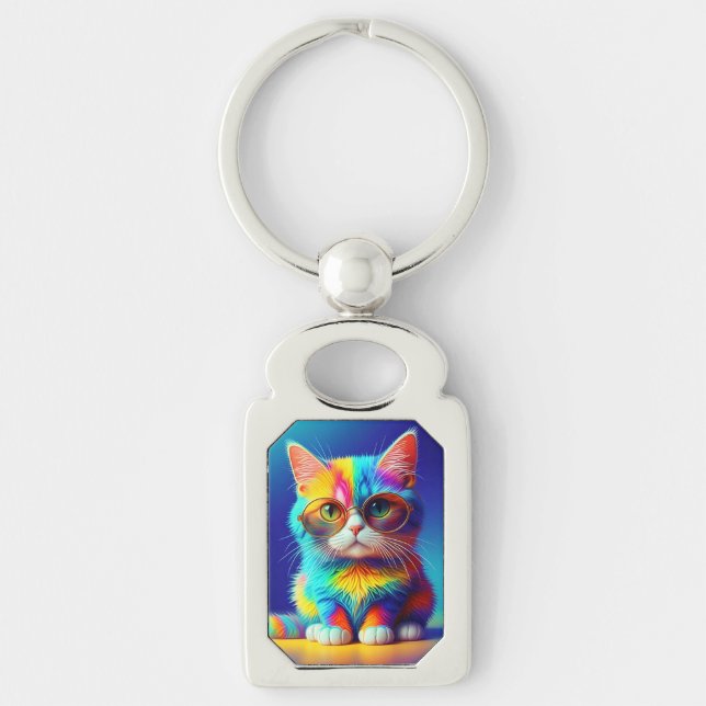 Rainbow Cat with Glasses Keychain (Front)