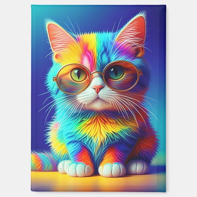 Rainbow Cat with Glasses Magnet (Front)