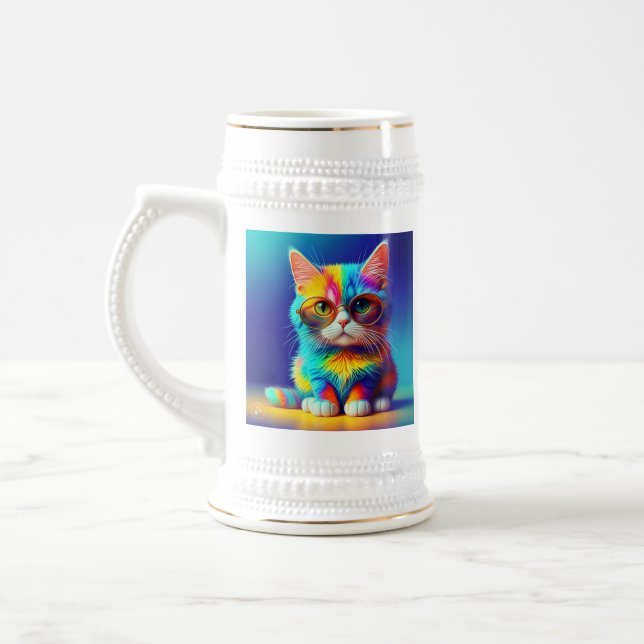 Rainbow Cat With Glasses Portrait-47567 Beer Stein (Left)