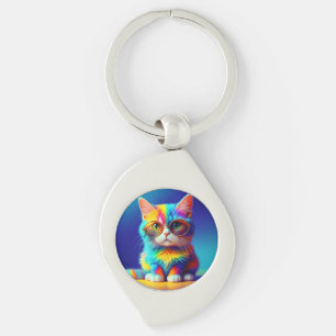 Rainbow Cat With Glasses Portrait-47567 Keychain