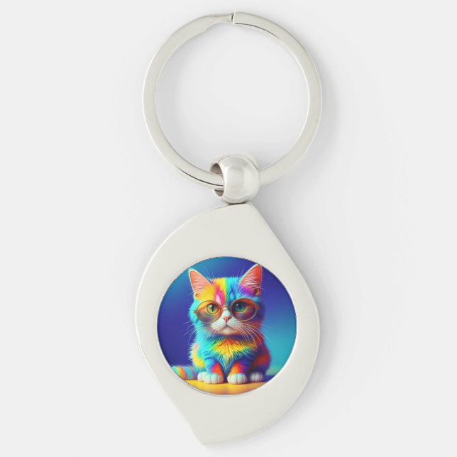 Rainbow Cat With Glasses Portrait-47567 Keychain (Front)