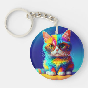 Rainbow Cat With Glasses Portrait-47567 Keychain