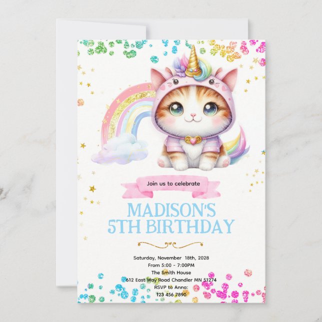  Rainbow Caticorn Birthday invitation (Front)