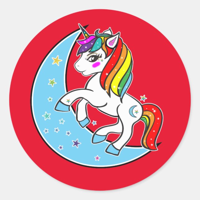 Rainbow Celestial Blue Moon & Stars Unicorn Classic Round Sticker (Front)