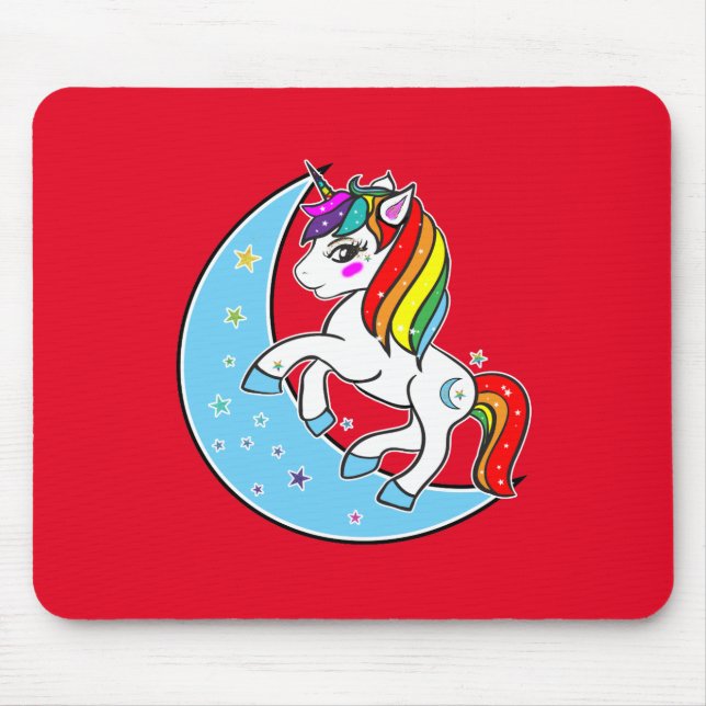 Rainbow Celestial Blue Moon & Stars Unicorn Mouse Pad (Front)