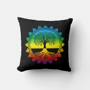 Rainbow Celtic Tree of Life on Black Throw Pillow
