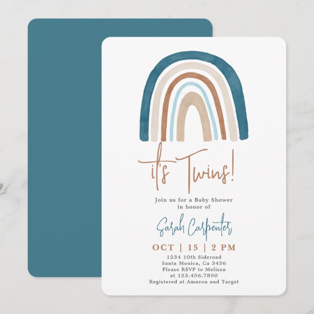 Rainbow c'est Twins Baby shower Boy Invitation (Devant / Derrière)