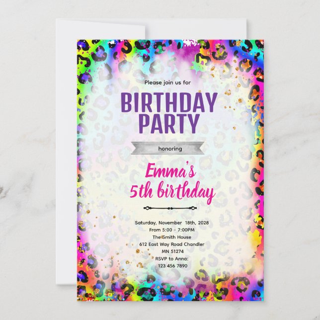 Rainbow cheetah leopard print invitation (Front)
