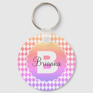 Rainbow Chequerboard with Monogram Name    Keychain