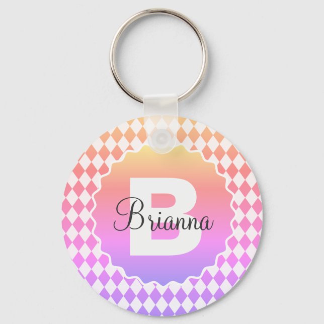 Rainbow Chequerboard with Monogram Name    Keychain (Front)