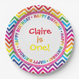 Rainbow Chevron Birthday Party Plates, Bright Paper Plate