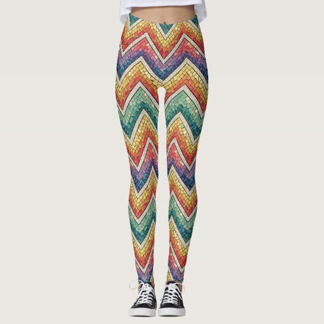 Rainbow Chevron Mosaic – Colourful Geometric Tile Leggings (Front)