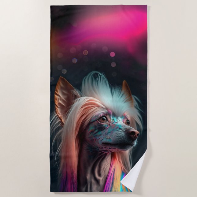 Rainbow Chinese Crested Dog Beach Towel (Front)