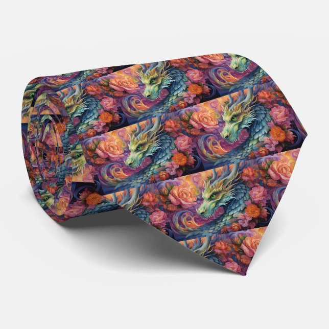Rainbow Chinese Dragon Pattern Tie (Rolled)