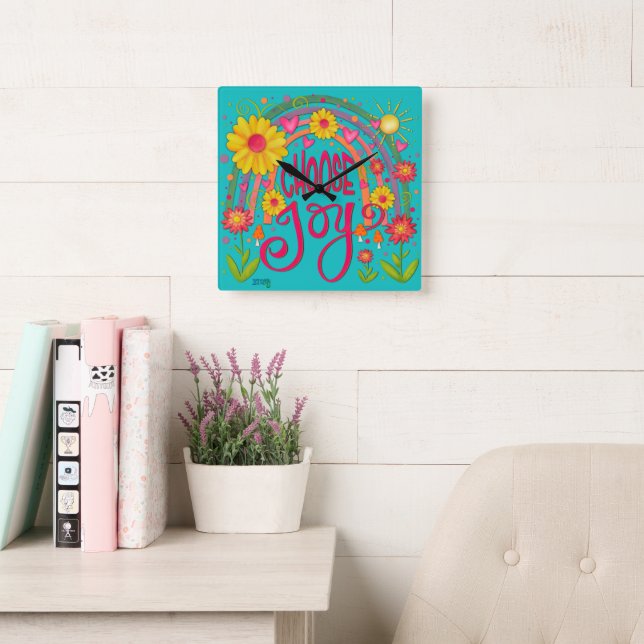Rainbow Choose Joy Cute Trendy Teal  Inspirivity Square Wall Clock (Reading Room)