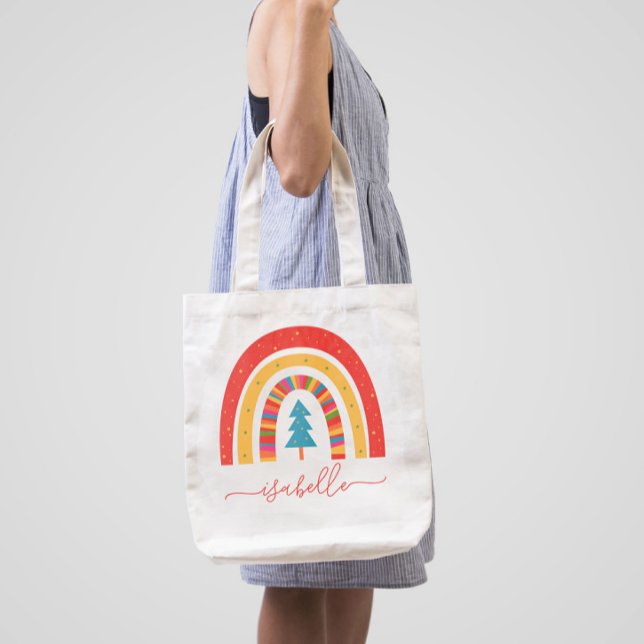 Rainbow Christmas colourful cute fun personalized Tote Bag (Creator Uploaded)