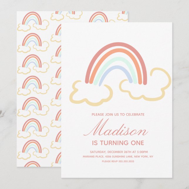 Rainbow Cloud Doodle Any Age Colourful Invitation (Front/Back)