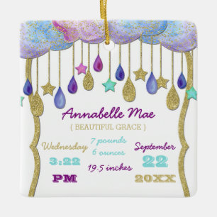 Rainbow Cloud Gold Glitter Baby Stats Keepsake Ceramic Ornament