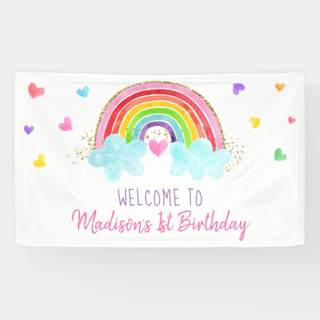Rainbow Cloud Hearts Pink Gold Birthday Banner (Horizontal)