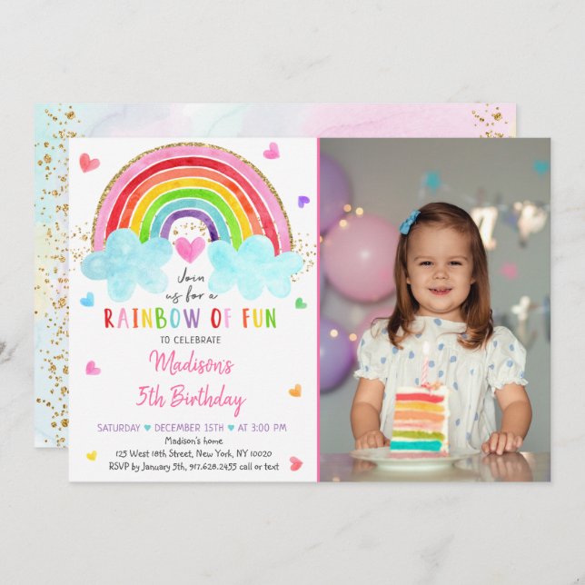 Rainbow Cloud Hearts Pink Gold Birthday Invitation (Front/Back)