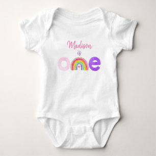 Rainbow Cloud Hearts Pink Gold First Birthday Baby Bodysuit
