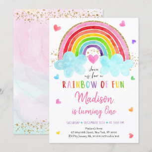 Rainbow Cloud Hearts Watercolor Birthday Invitation