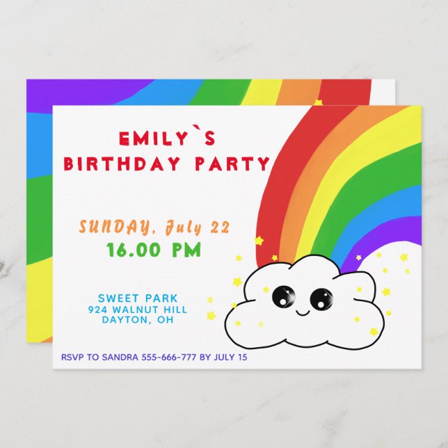 Rainbow Cloud Kawai Birthday Party Invitation (Front/Back)