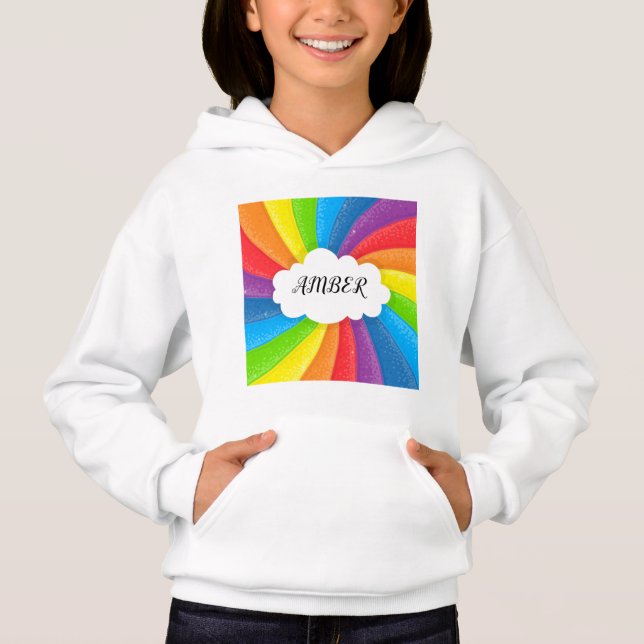 Rainbow cloud personalized girl's hoodie. (Front)