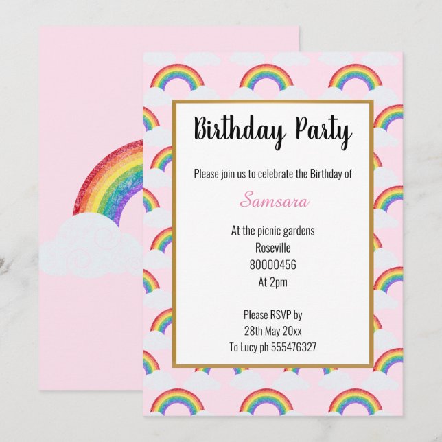 RAINBOW CLOUD PINK MULTIPLE  Birthday Invitation (Front/Back)
