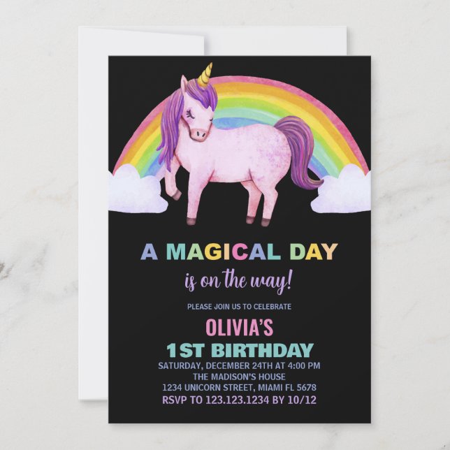 Rainbow Cloud Unicorn Birthday Invitations (Front)