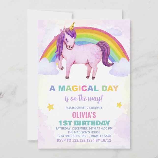 Rainbow Cloud Unicorn Birthday Invitations (Front)