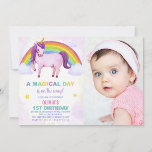 Rainbow Cloud Unicorn Birthday Invitations photo
