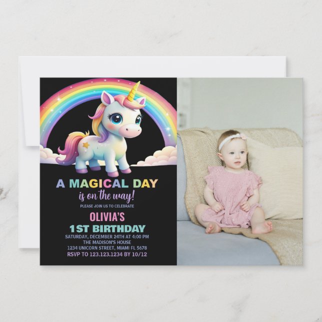 Rainbow Cloud Unicorn Birthday Invitations w photo (Front)