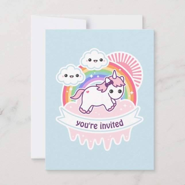 Rainbow Cloud Unicorn Birthday Party Invites (Front)