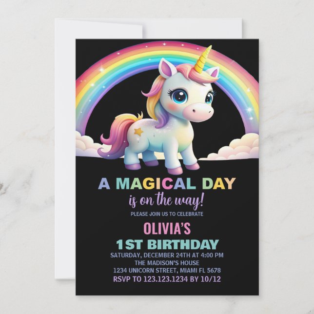 Rainbow Cloud Unicorn Invitations d'anniversaire (Devant)