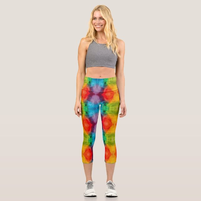 Rainbow Cloud Watercolor Art Capri Leggings (Front)