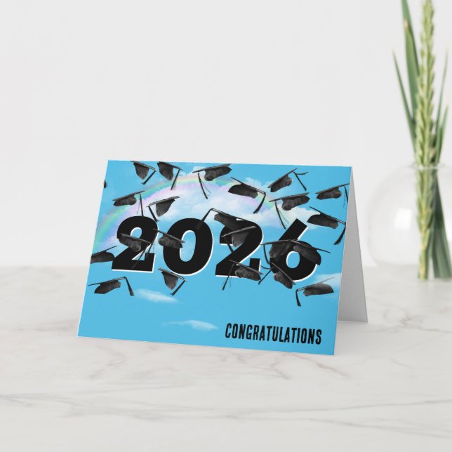 Rainbow Clouds 2026 Black Graduation Hats Card (Front)