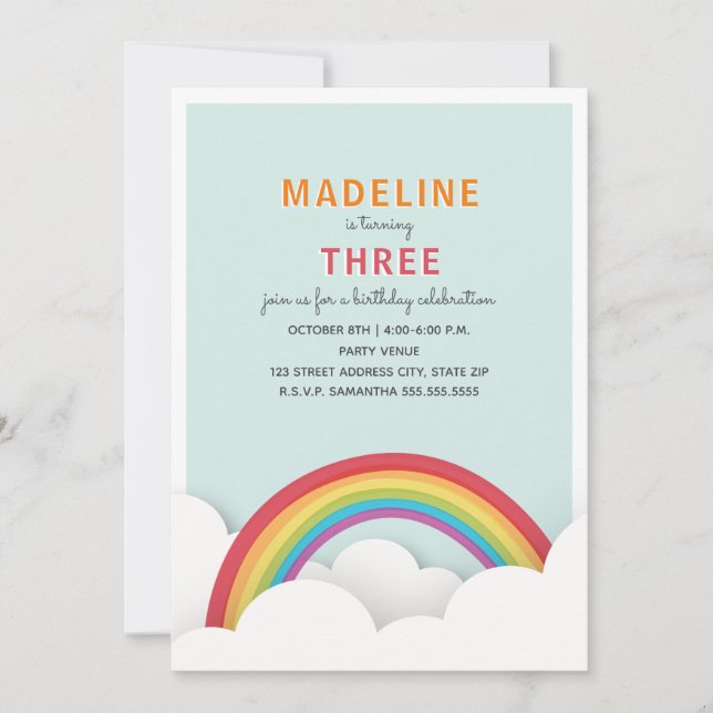 Rainbow Clouds Blue Sky Birthday Party Invitation (Front)