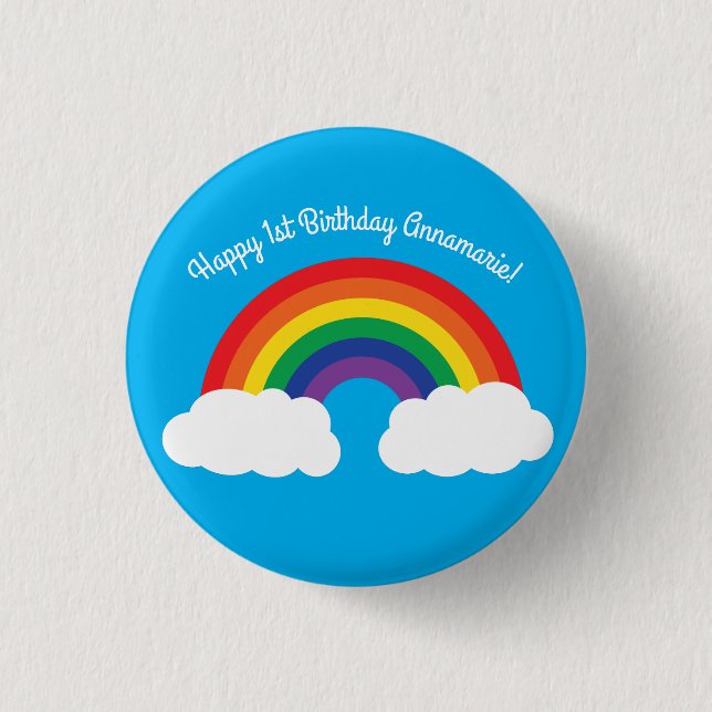 Rainbow & Clouds Cute 1st Birthday Party 1 Inch Round Button (Front)