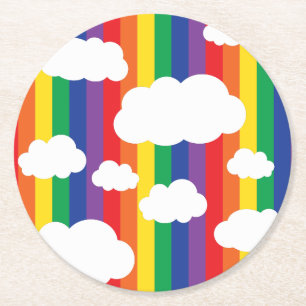 Rainbow & Clouds Cute 1st Birthday Party Round Paper Coaster
