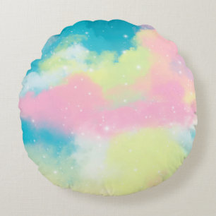 Rainbow clouds glitter sparkle stars  round pillow