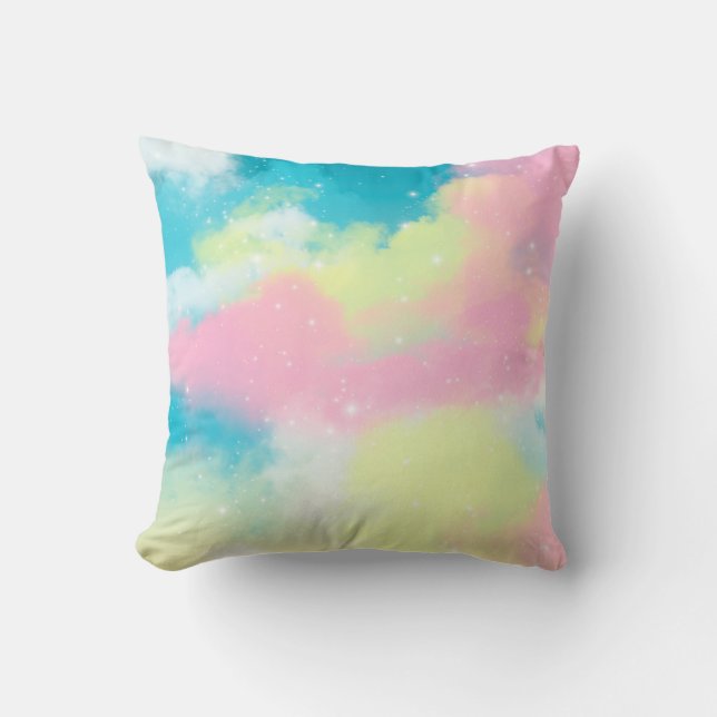 Rainbow clouds glitter sparkle stars throw pillow (Front)
