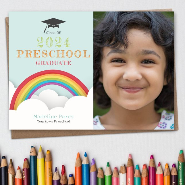 Rainbow Clouds Kids Preschool Graduation Photo Invitation (Creator Uploaded)
