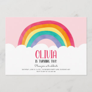 Rainbow Clouds Pink Girl Fun Birthday Invitation